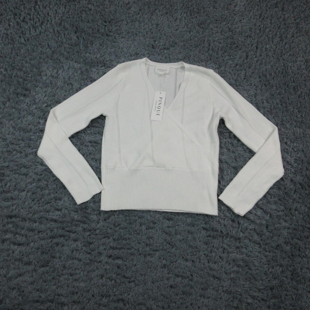 Pinque Sweater Womens Medium White Wrap V Neck Cropped Ribbed Hem Knit NWT